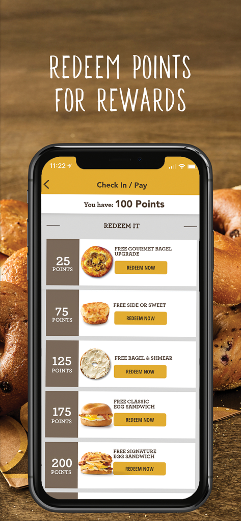 Einstein Bros Bagels - Einstein Bros Bagels app screen showing loyalty points and a list of food rewards for redemption
