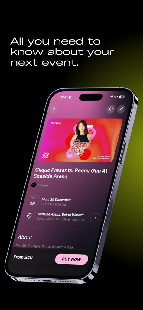 Tick'it - Explore Music Events - Tickit app screen showing event details for a Peggy Gou concert with a buy now button