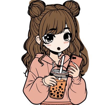realistic girl with a lphone and boba