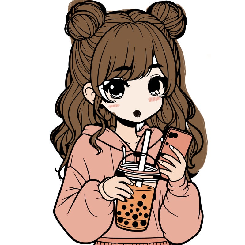 realistic girl with a lphone and boba