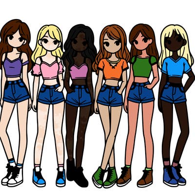 a group of girls wearing crop tops and shorts