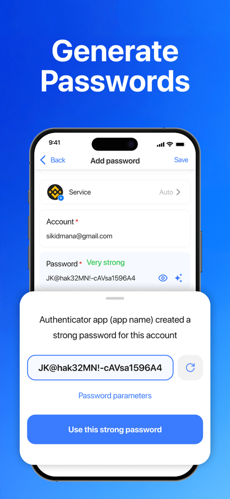 Recurso de geração de senhas fortes no aplicativo Autenticador.
