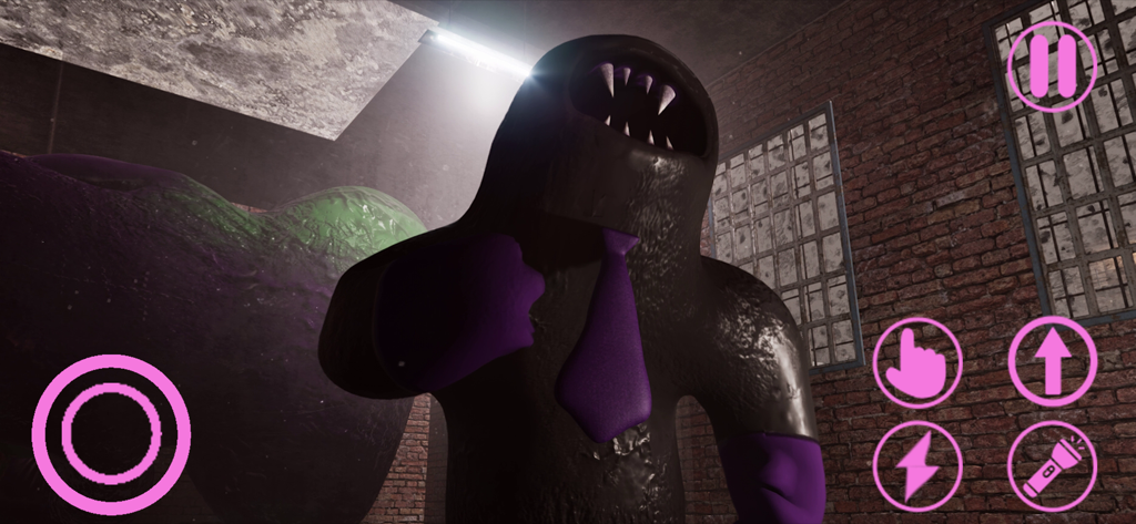 A dark monster mascot with sharp teeth and a purple tie in a brick industrial setting from Garten of Banban 8