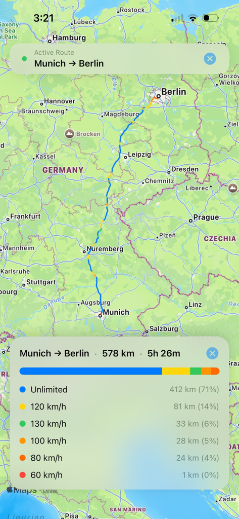 Autobahn Map - Autobahn Map app displaying a route from Munich to Berlin with a detailed breakdown of speed limits and unlimited zones.