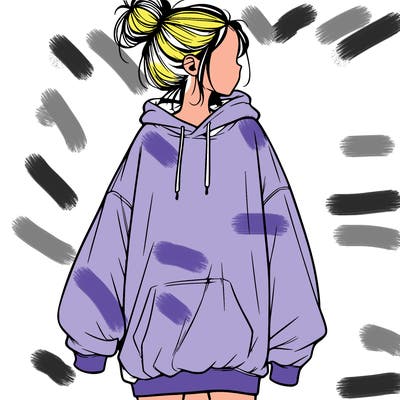 realistic girl with a oversized sweatshirt on and a bun