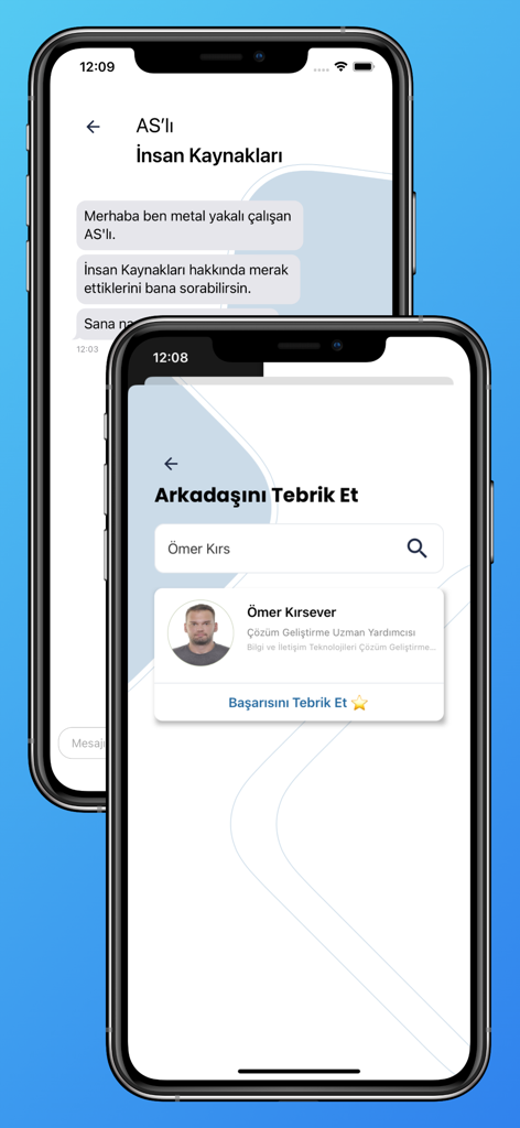 Mobile screens of the Biz Bize app featuring an HR chatbot and a peer recognition page