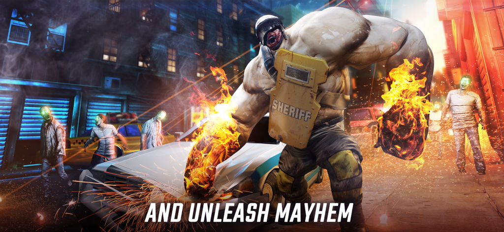 Giant zombie boss Sheriff with flaming hands attacking a police car in New York City