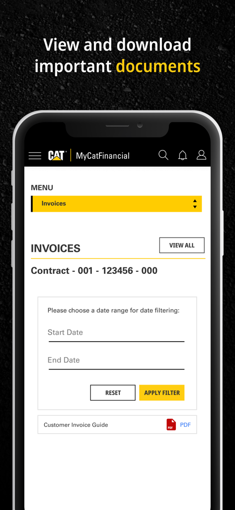 MyCatFinancial - MyCatFinancial app interface for viewing and filtering invoice documents