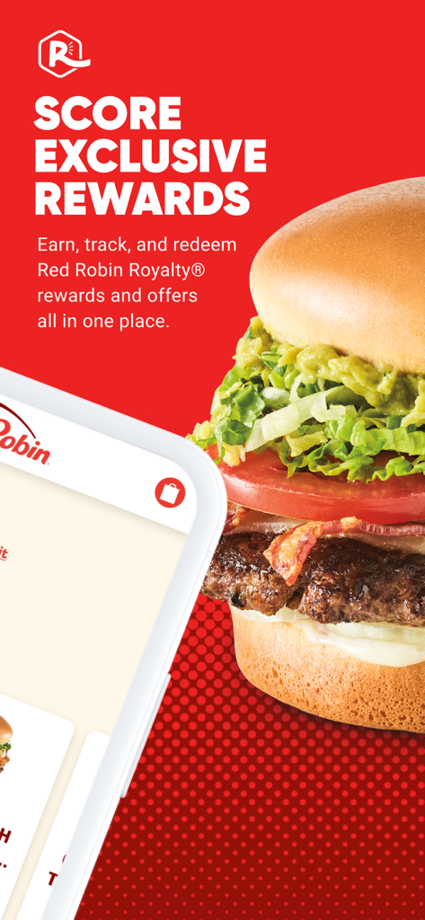 Red Robin Ordering - A close up of a gourmet burger on the Red Robin app screen promoting exclusive loyalty rewards.