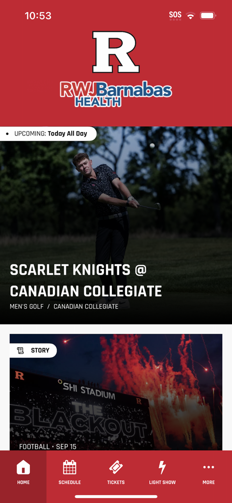 Rutgers Scarlet Knights athletics app home screen featuring sports news and navigation menu