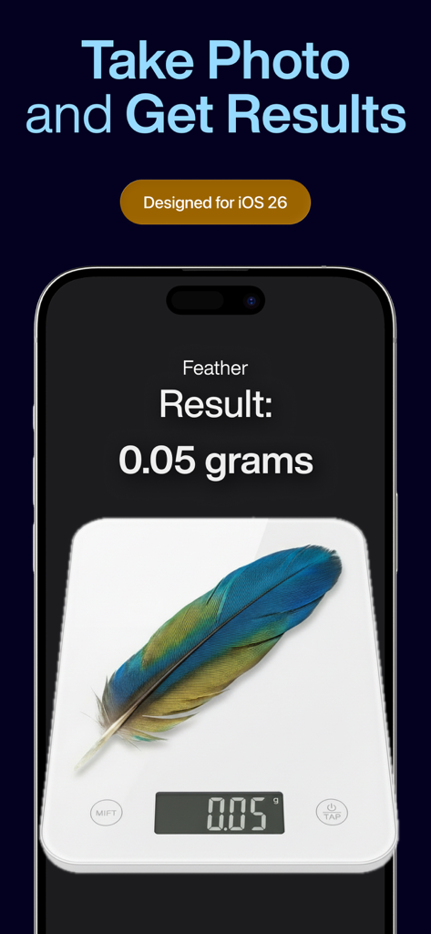 Eine Smartphone-Oberfläche, die das Gewicht einer Feder als 0,05 Gramm mit der Scale For Grams KI-Wiege-App anzeigt