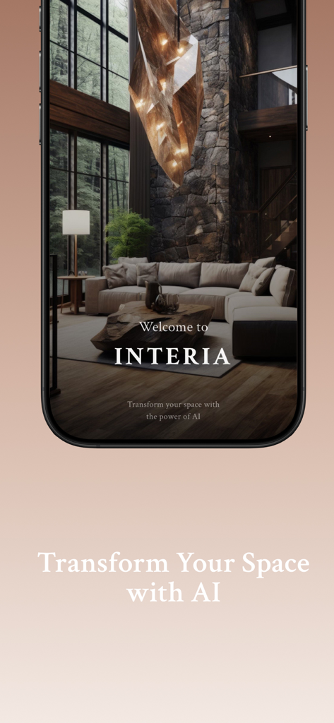 Schermata di benvenuto dell'app Interia con un soggiorno di lusso moderno e il testo Trasforma il tuo spazio con l'IA