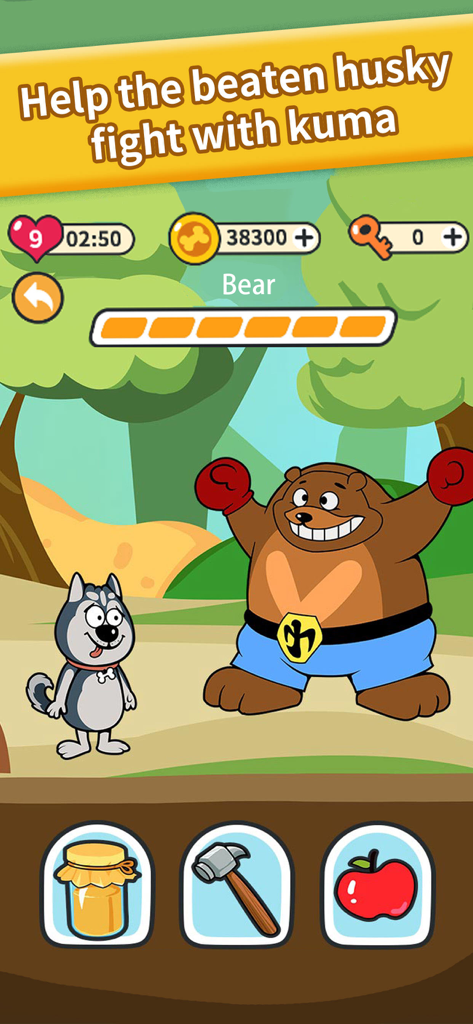 Husky Mind - Un husky dei cartoni animati affronta un grosso orso in un puzzle di boxe all'interno dell'app Husky Mind