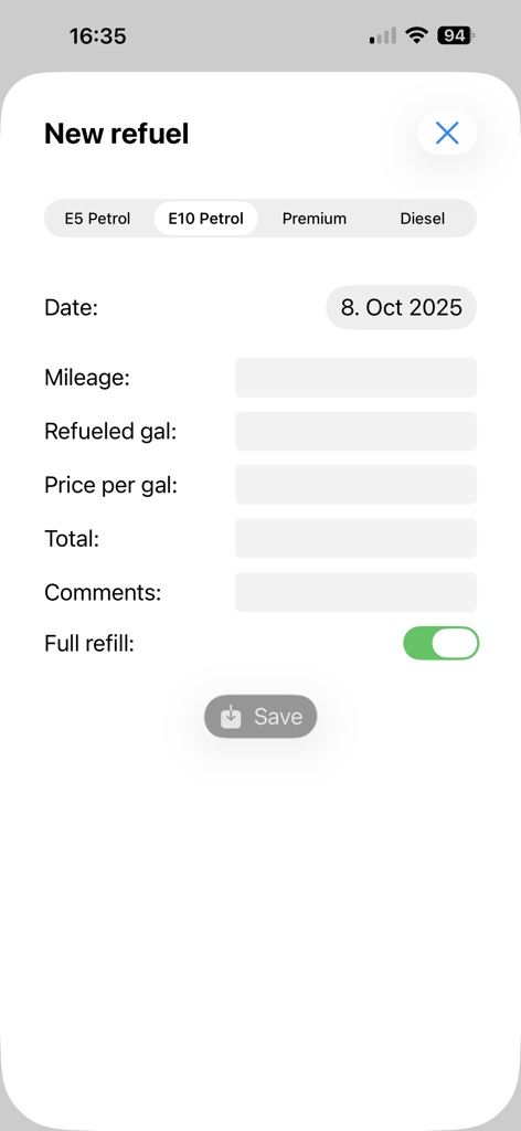 Fuel Tracker - Your Logbook - New refuel entry screen in the Fuel Tracker app showing fields for mileage and fuel price
