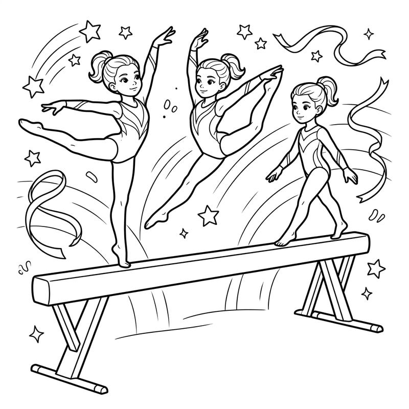 Celebrate grace and strength with this delightful coloring page featuring talented young gymnasts performing on a balance beam. Perfect for kids who love sports and want to add their own splash of color to an exciting scene.