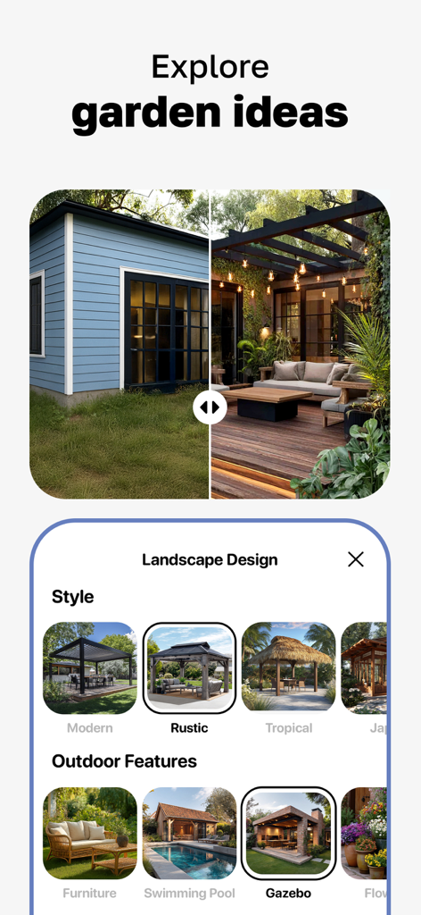 AI Home Design: DecoLab - AI Home Design app interface showing a before and after garden transformation and outdoor landscape design options