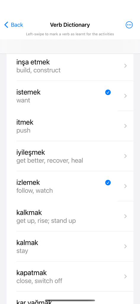 Diccionario de la aplicación Dominio de Verbos Turcos que muestra una lista de verbos turcos con traducciones al inglés.