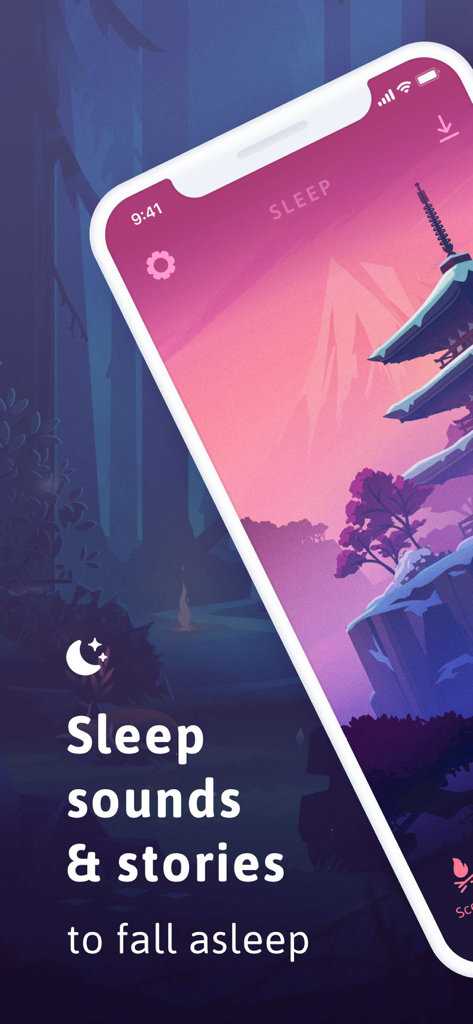 Mobile phone screen displaying the Sleep app with sleep sounds and stories text over a peaceful mountain illustration.