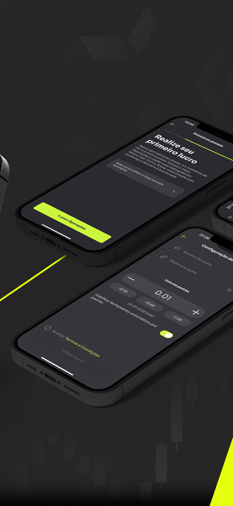 App Arena - Dos smartphones mostrando la interfaz de trading de App Arena para el seguimiento de ganancias y la configuración de la cuenta