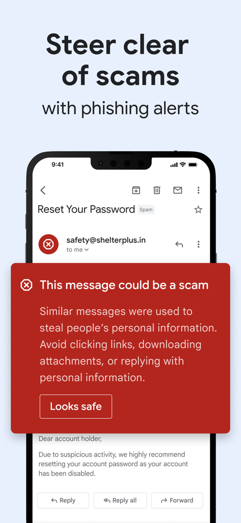 A red security banner in the Gmail app warning that an email could be a scam to protect user information.