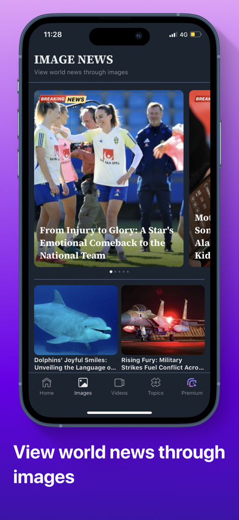 NewsCvg: World News Coverage - 이미지 및 헤드라인 갤러리를 통해 세계 뉴스를 보여주는 모바일 앱 화면