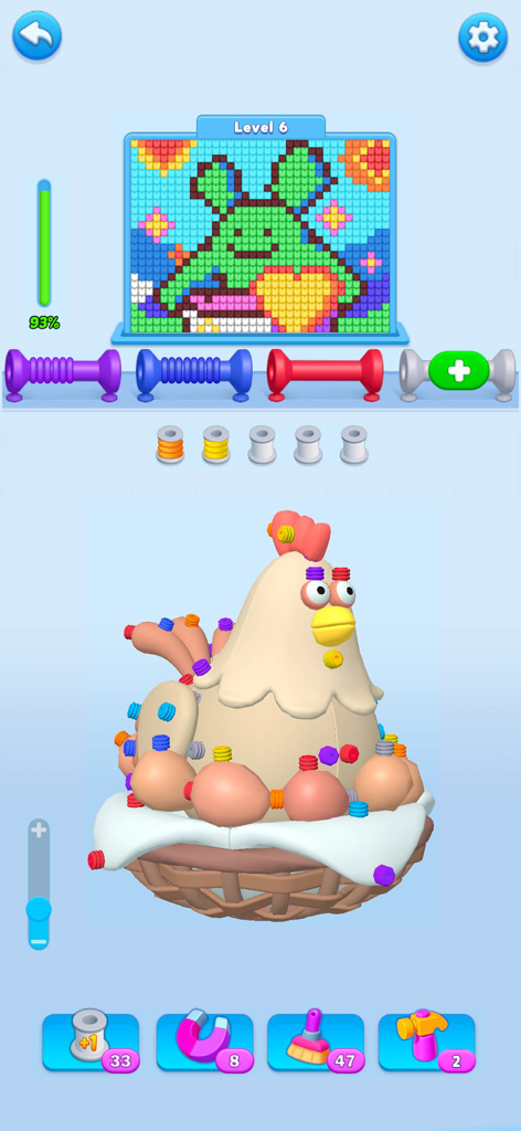 Gameplay di Wool Escape 3D che mostra un puzzle 3D a forma di pollo e una barra di avanzamento di un dipinto pixel art colorato al livello sei.