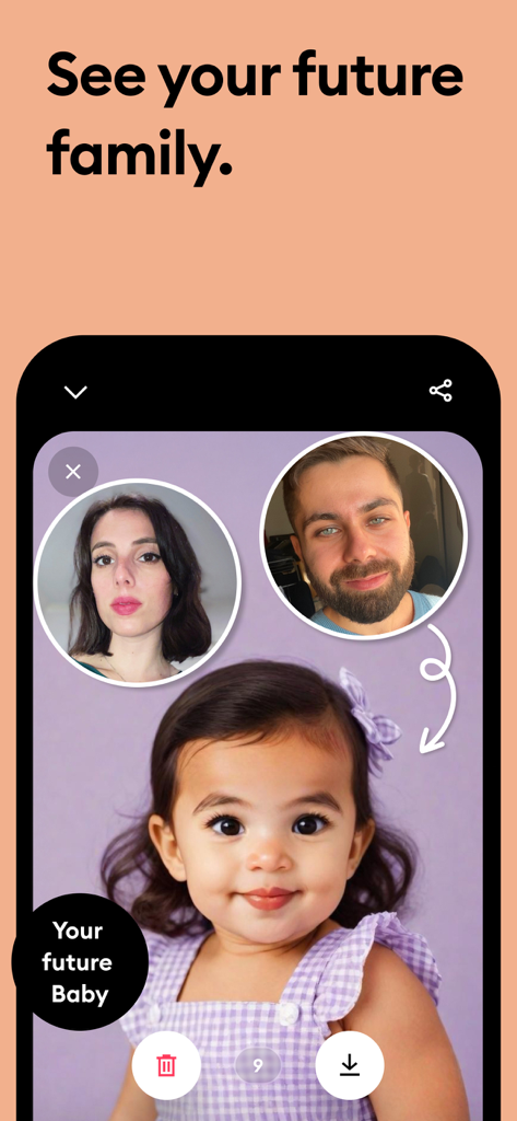 Screenshot of Remini app showing the AI generated future baby feature with photos of two parents