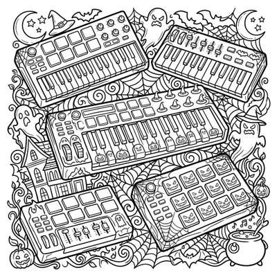 Dive into a world where music and Halloween spirits collide with this unique coloring page featuring MIDI controllers. Adorned with playful ghosts, grinning pumpkins, and intricate spiderwebs, it's perfect for both music enthusiasts and spooky season fans.