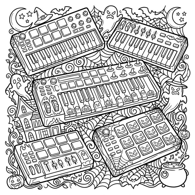 Dive into a world where music and Halloween spirits collide with this unique coloring page featuring MIDI controllers. Adorned with playful ghosts, grinning pumpkins, and intricate spiderwebs, it's perfect for both music enthusiasts and spooky season fans.