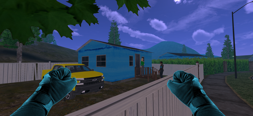 Criminal Life Simulator - First person view of a player with gloved fists standing in front of a blue house and yellow truck in a neighborhood