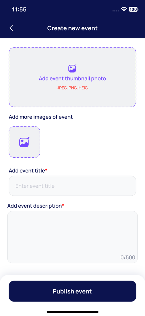 Declic - The create new event screen in the Declic app with fields for photos title and description