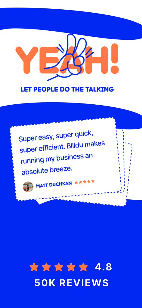 Invoice Maker Estimate Billdu - Customer testimonial and 4.8 star rating for Billdu invoice maker app.