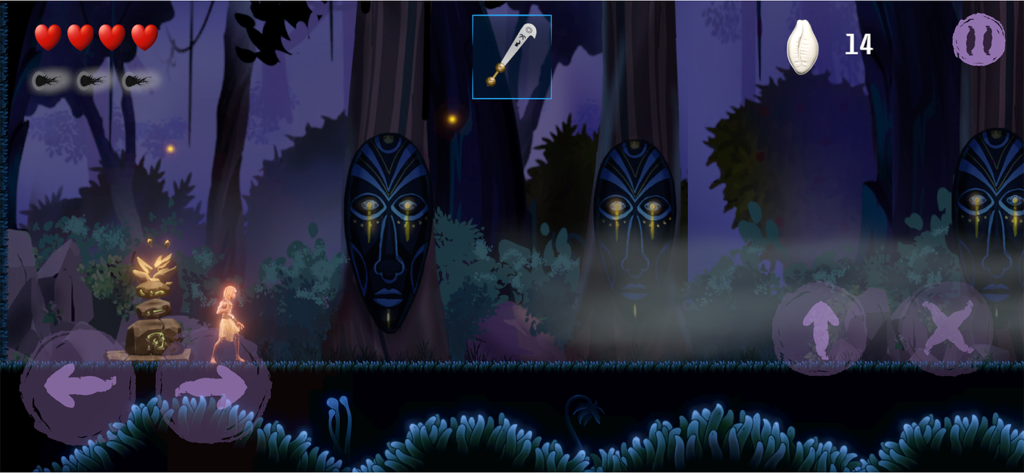 Anokye - A character exploring a dark forest with giant African masks in the game Anokye