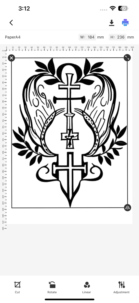 Nada Print - Nada Print mobile app interface showing a custom black and white design being edited for printing