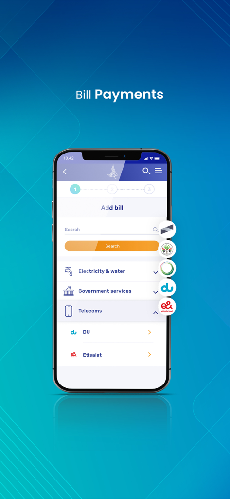 SIB Digital - SIB Digital 앱, Etisalat 및 DU와 같은 통신 서비스 및 공과금 포함 공과금 납부 추가 화면.