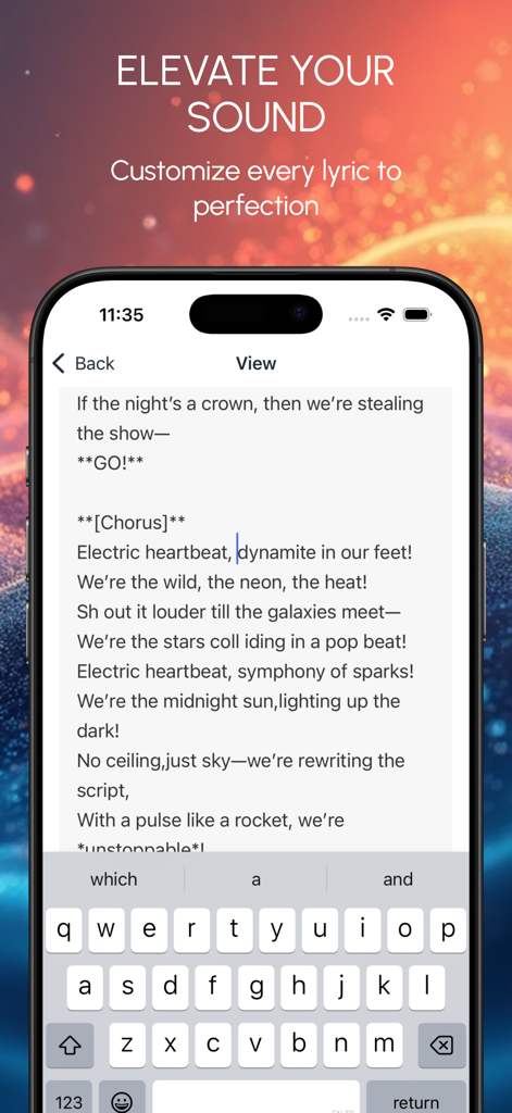 AI Lyric Generator GhostWriter - Um smartphone exibindo a interface de edição de letras do aplicativo GhostWriter com um teclado e versos de música.