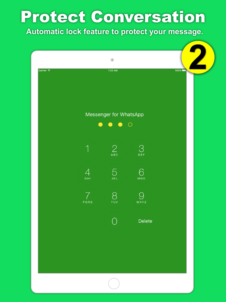 Tela de bloqueio por senha em um iPad para o aplicativo Messenger for Web plus mostrando recursos de proteção de privacidade.
