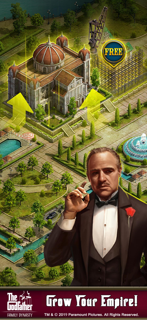 Don Vito Corleone in front of a luxury mansion being upgraded in The Godfather Game