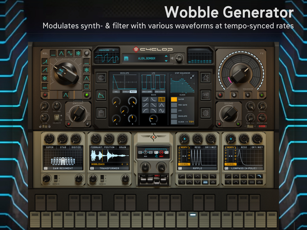 Cyclop for iPad synthesizer wobble generator interface showing modulation and filter controls