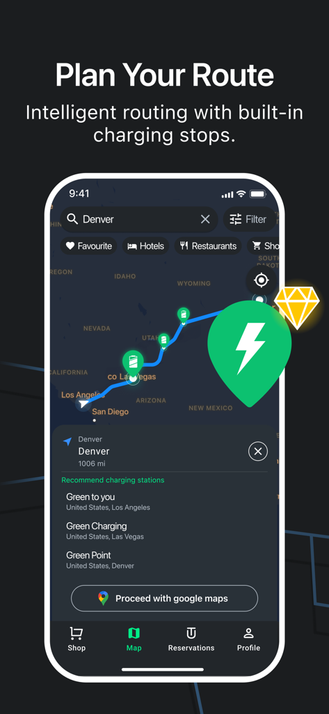 Smartphone displaying the GO TO-U app route planner interface with EV charging stations mapped across the United States
