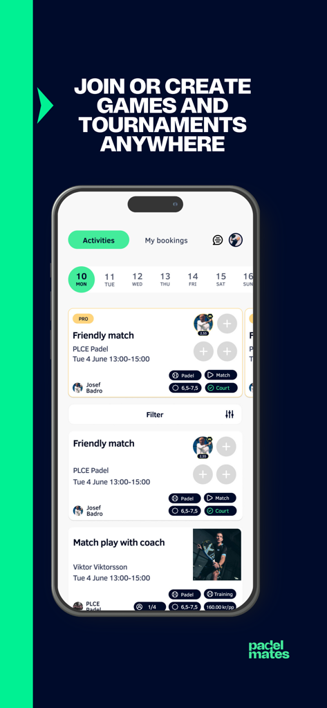 Padel Mates app interface for joining games and tournaments