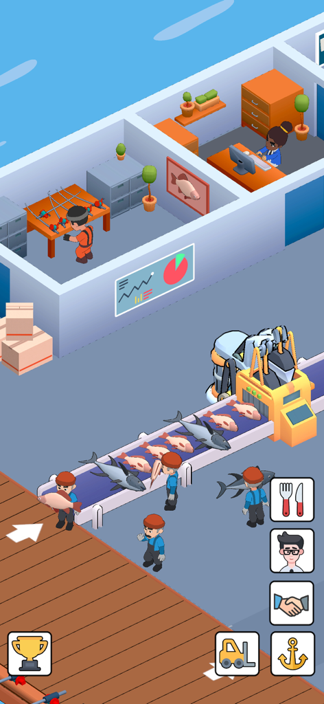 My Fishing Market  Idle Empire - Trabajadores gestionando una cinta transportadora de pescado en el juego de simulación Mi Mercado de Pesca Imperio Inactivo