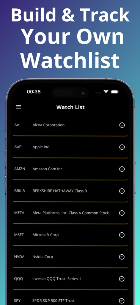 Stock Trading AI : SharePreds - A mobile interface of the SharePreds app displaying a personalized stock watchlist with various tech and finance stocks