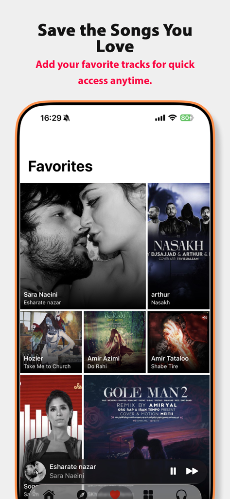 Screenshot of the Music IR app Favorites screen showing a grid of saved songs with album artwork for offline access.