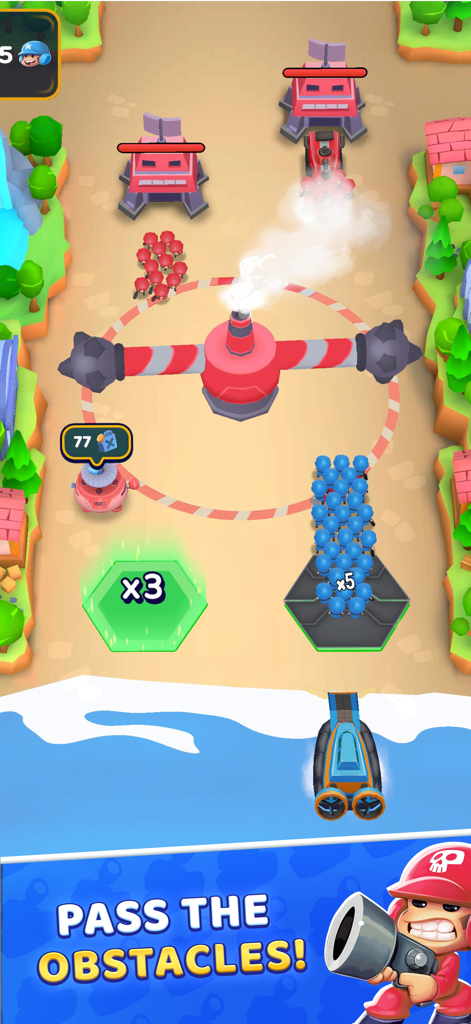 Grunt Rush: Battle & Conquer - Blue soldiers navigating rotating obstacles and multiplier gates in a tactical battle