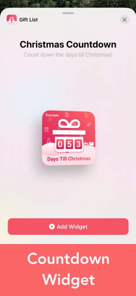 Christmas Gift List Tracker - Christmas Gift List Tracker app interface for adding a Christmas countdown home screen widget.