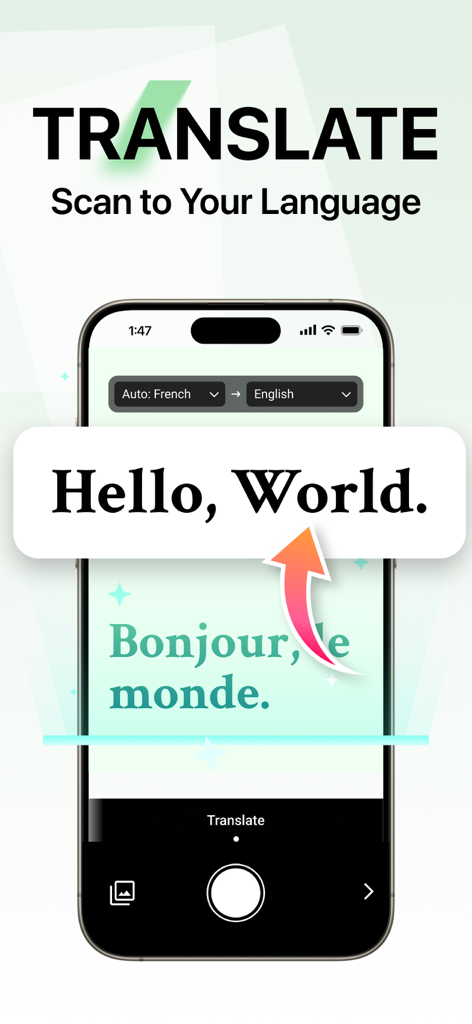 Una interfaz de smartphone que muestra la función de traducción de Lens PDF Scanner convirtiendo texto francés a inglés.