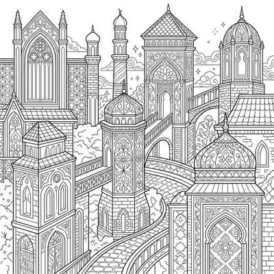 Dive into a world of complex beauty with this architectural cityscape coloring page designed for adults. Featuring an array of detailed buildings, bridges, and towers, it offers a captivating escape for creative minds.