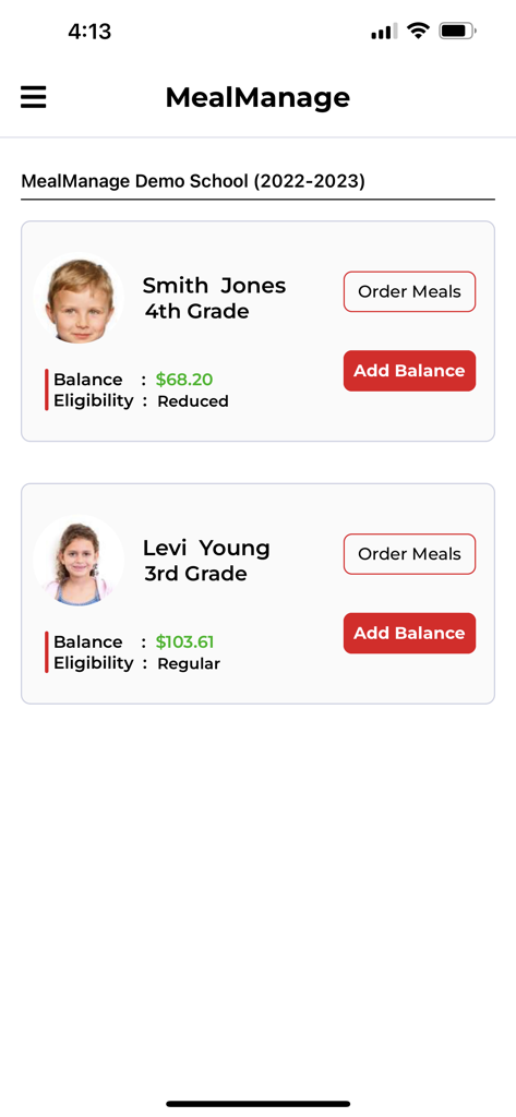 MealManage app screen showing student profiles with current lunch balances and meal ordering buttons