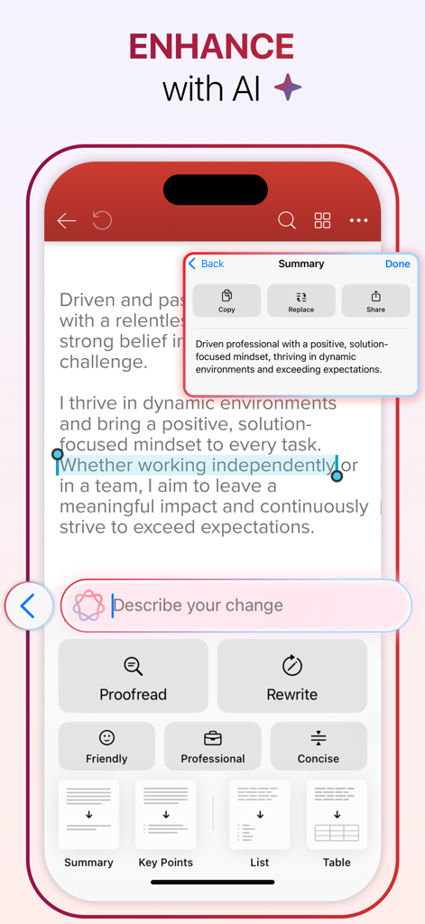 Tela de smartphone mostrando os recursos de IA do MobiPDF para resumir e reescrever o texto do documento